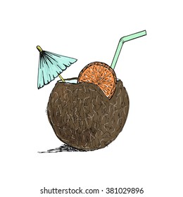 Exotic coconut cocktail sketch. Hand drawn vector illustration.