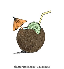 Exotic coconut cocktail sketch. Hand drawn vector illustration.
