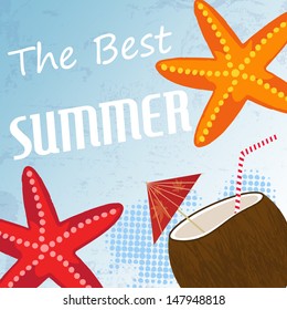 Exotic coconut cocktail and starfish at vintage summer background, vector illustration