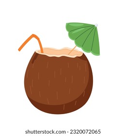Exotic coconut cocktail with straw and umbrella in flat design. Summer cold drink