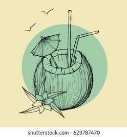 Exotic coconut cocktail. Vector sketch Illustration