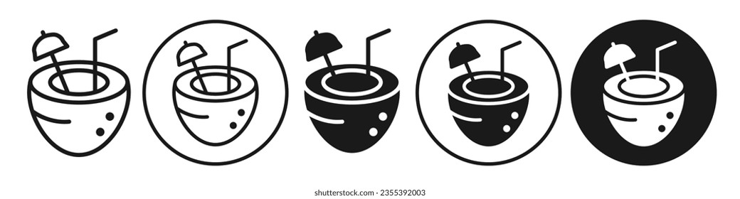 Exotic Coconut drink icon. Vector symbol of tropical fruit juice with straw. Flat outline set of summer virgin coco oil shake. Logo sign of natural raw organic beach travel green coconut oil milk.  svg