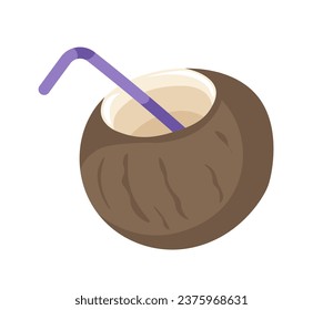 Exotic coconut drink, nutritious and healthy ingredient for dieting. Beverage or cocktail with vitamins and minerals for active lifestyle. Tropical liquid, nut with straw. Vector in flat style