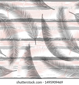 Exotic coconut palm leaves tree branches over painted stripes seamless pattern design. Caribbean forest foliage summer fashion print. Floral tropical leaves seamless design.