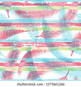 Exotic coconut palm leaves tree branches over painted stripes seamless pattern design. Caribbean jungle foliage clothing fabric print. Geometric floral tropical leaves seamless.