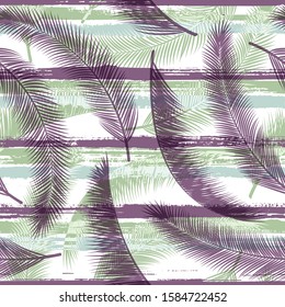 Exotic coconut palm leaves tree branches overlapping stripes vector seamless pattern. South african exotic foliage swimwear textile print. Stripes and tropical leaves illustration.