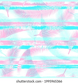 Ramas de árbol de hojas de coco exóticas que se solapan con rayas vectoriales sin fisuras. Foliage follage playa de selva caribeña estampado de tela de moda. Las hojas tropicales florales geométricas no tienen fisuras.