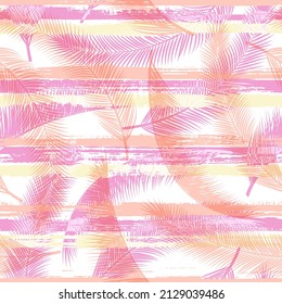 Exotic coconut palm leaves tree branches overlaying stripes vector seamless pattern. Madagascar exotic foliage swimwear textile print. Stripes and tropical leaves illustration.