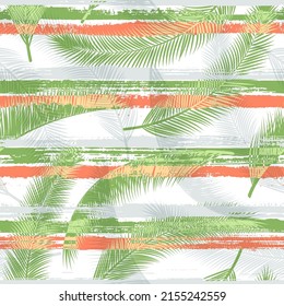 Exotic coconut palm leaves tree branches overlapping stripes vector seamless pattern. Brazilian forest foliage clothing fabric print. Tropical leaves silhouettes wallpaper.