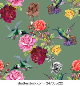 Exotic colibri birds with rose flowers colorful seamless pattern on green background vector illustration