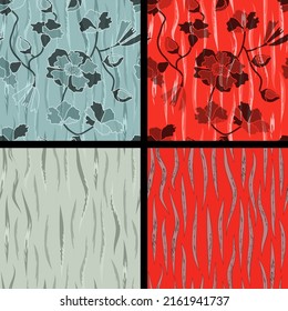 Exotic collection of seamless patterns with flowers and leaves on red and gray backgrounds. Vintage style. For textile, fabric print, packing, wrapping, wallpaper, cover. Vector. Eps10.