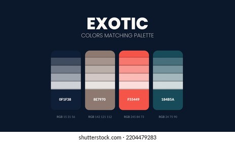 Exotic color scheme. Color Trends combinations and palette guide. Example of table color shades in RGB and HEX. Color swatch for fashion, home, interiors design 2022. Colour chart idea vector.