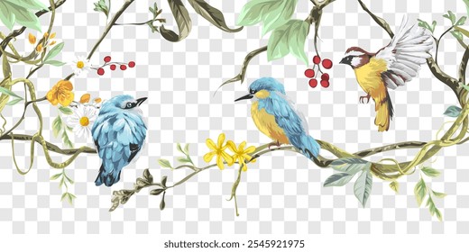 exotic colorful birds and flowers on tree vine horizontal seamless vector illustration