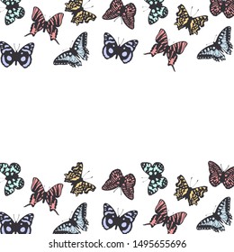 Exotic colorful butterflies border. Gorgeous monarch decoration. Vector isolated illustration.