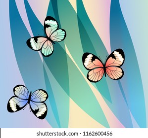 Exotic colorful butterflies on fantasy leaves background, vector illustration