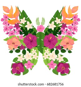 Exotic Colorful Butterfly with Tropical Flowers and Leaves