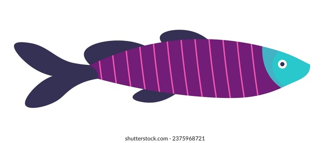 Pescado exótico colorido con cuerpo alargado, branquias y aleta. Especies tropicales para acuario, animal acuático. Ícono aislado de la vida marina, el océano o el agua del mar. Vector en ilustración de estilo plano