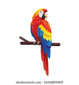 Exotic Colorful Parrot Bird Perched on Natural Branch Isolated White Background