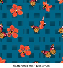 Exotic colorful Seamless pattern Beautiful Vector of butterflies and orchid flowers on geometric line design for fashion, fabric ,wallpaper,web,and all prints on dark blue background color