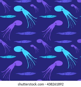 Exotic colorful seamless pattern with octopus and starfishes