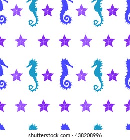 Exotic colorful seamless pattern with seahorses and starfishes