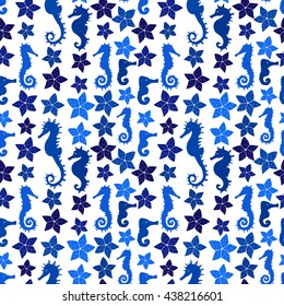 Exotic colorful seamless pattern with seahorses and starfishes 