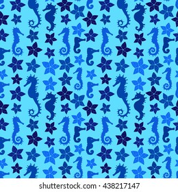 Exotic colorful seamless pattern with seahorses and starfishes