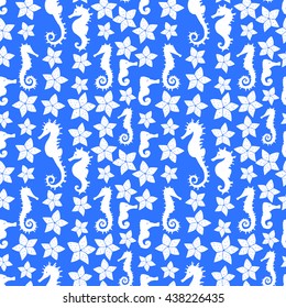 Exotic colorful seamless pattern with seahorses and starfishes