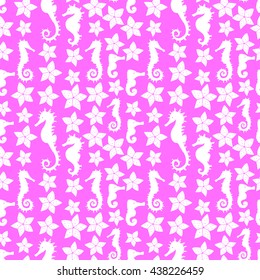 Exotic colorful seamless pattern with seahorses and starfishes