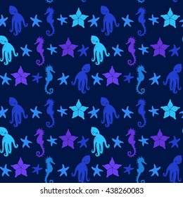 Exotic colorful seamless pattern with seahorses and starfishes
