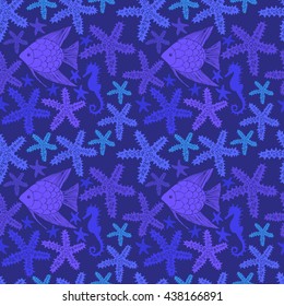 Exotic  colorful seamless pattern with starfishes, fish and seahorses. 