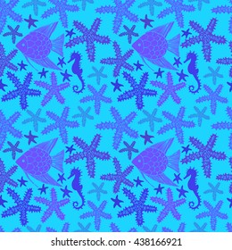 Exotic  colorful seamless pattern with starfishes, fish and seahorses. 