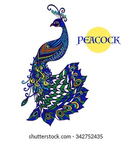 Exotic colorful stylized peacock pictogram for card invitations and home art wall decorations design abstract vector illustration