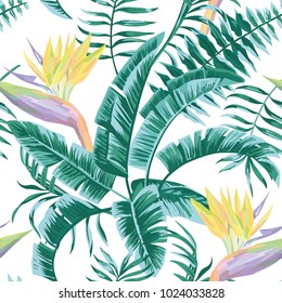 Exotic composition flowers Bird of paradise leaves in blue green color tropical beach seamless pattern