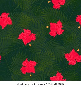 Exotic composition of hibiscus flowers on palm leaves background. Tropical seamless vector pattern.