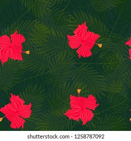 Exotic composition of hibiscus flowers on palm leaves background. Tropical seamless vector pattern.