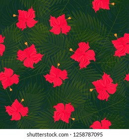 Exotic composition of hibiscus flowers on palm leaves background. Tropical seamless vector pattern.