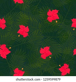 Exotic composition of hibiscus flowers on palm leaves background. Tropical seamless vector pattern.
