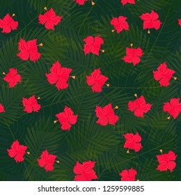 Exotic composition of hibiscus flowers on palm leaves background. Tropical seamless vector pattern.
