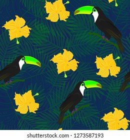 Exotic composition of toucans and tropical flowers on the background of palm leaves. Seamless vector pattern