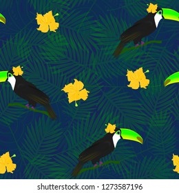 Exotic composition of toucans and tropical flowers on the background of palm leaves. Seamless vector pattern