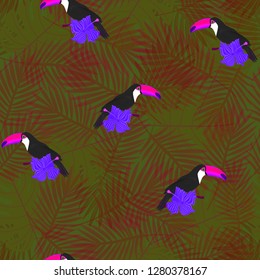 Exotic composition of toucans and tropical flowers on the background of palm leaves. Seamless vector pattern