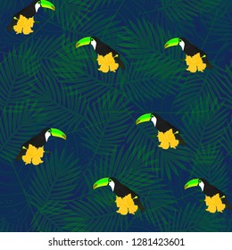 Exotic composition of toucans and tropical flowers on the background of palm leaves. Seamless vector pattern