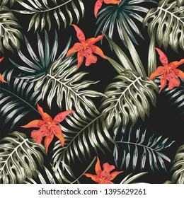 Exotic composition from tropical banana, monstera, palm leaves and flowers on the black background. Trendy pattern vector seamless fabric wallpaper.