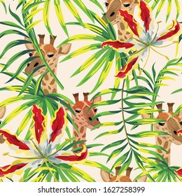 Exotic composition vector head giraffe with tropical red flowers and green tropic leaves. Cartoon seamless illustration repeating pattern on  white background. Floral wallpaper