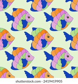 Exotic coral reef fish seamless textile print illustration. Ocean creatures diving. Baby fashion textile print. Coral reef fish decorative graphic design. Different color squama, fins