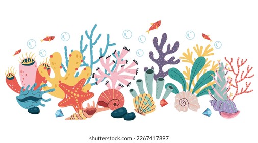 Exotic coral reef seamless cover banner underwater nature life concept. Vector flat graphic design element concept