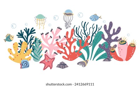 Exotic coral reef seamless cover banner underwater nature life concept. Vector flat graphic design element concept