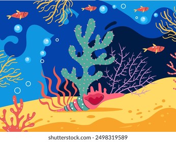 Exotic coral reef seamless cover banner underwater nature life concept. Vector flat graphic design element