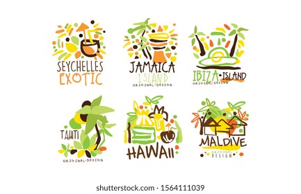 Exotic Countries Labels Design Vector Set. Tropic Travel Destination Collection
